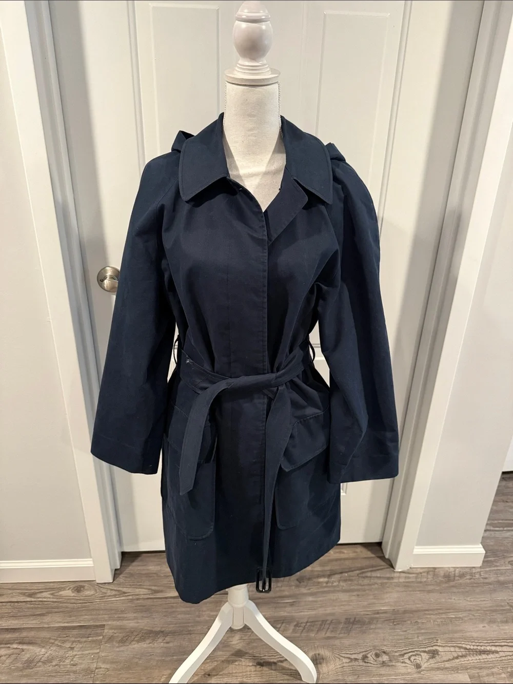 Burberry London Rain Jacket Trench Coat Removable Hood Belted Navy Women’s - Picture 2 of 14